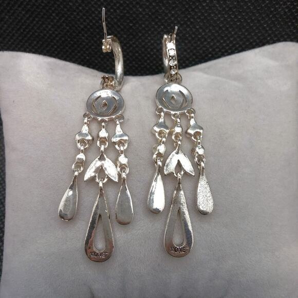 Monet Chandelier Earrings Rhinestone Dangle Silvertone NWT Hoops Detach Art Deco - Picture 5 of 12